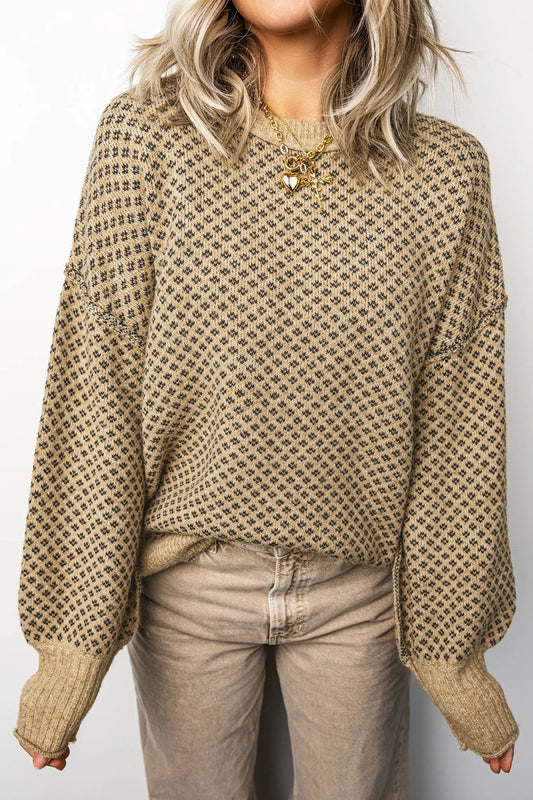 Geometric Print Drop Shoulder Round Neck Long Sleeve Sweater – Khaki