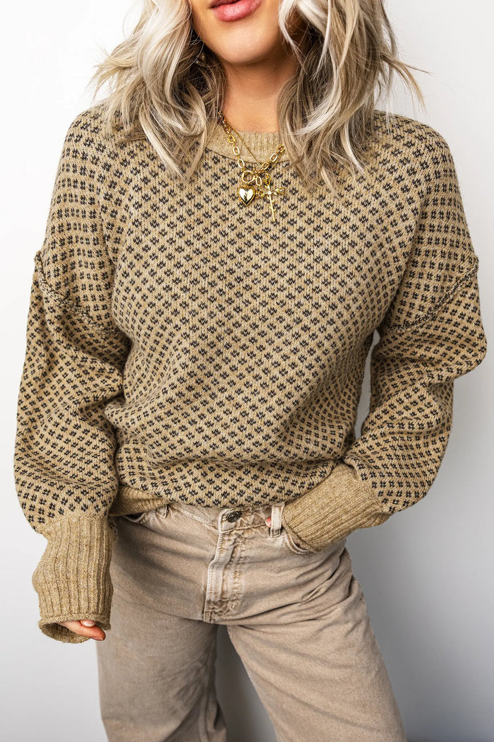 Geometric Print Drop Shoulder Round Neck Long Sleeve Sweater – Khaki