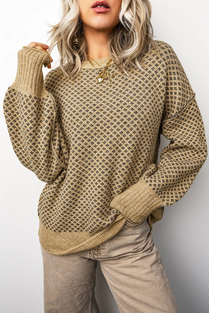 Geometric Print Drop Shoulder Round Neck Long Sleeve Sweater – Khaki