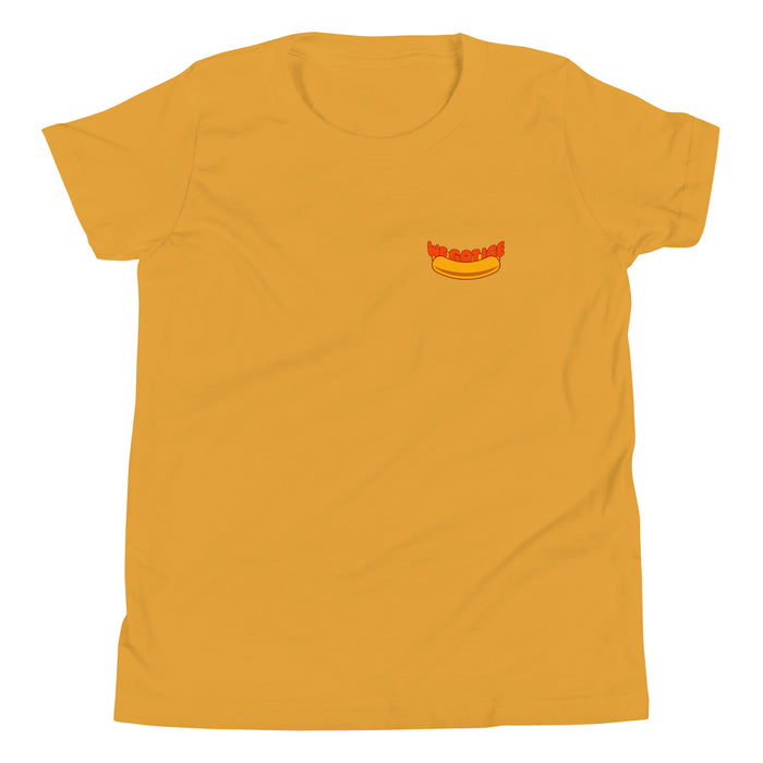 Yellow youth t-shirt featuring a small graphic of a hot dog with the text "We Got Ice" above it on the left chest area.