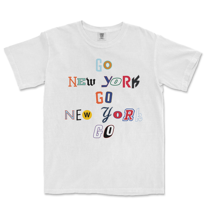 White t-shirt featuring colorful, stylized text that reads "Go New York Go New York Go" in various fonts.