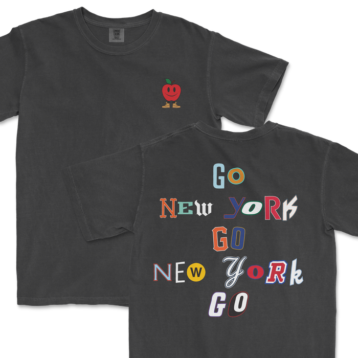 Dark gray t-shirt featuring a playful apple graphic on the front and colorful "Go New York Go" text design on the back.