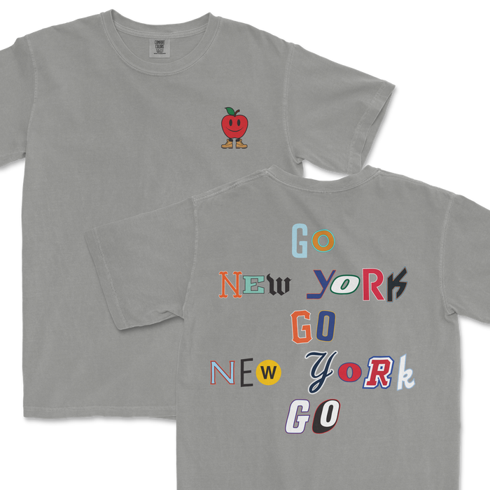 Gray t-shirt featuring a playful apple logo on the front and colorful "Go New York Go" text design on the back.