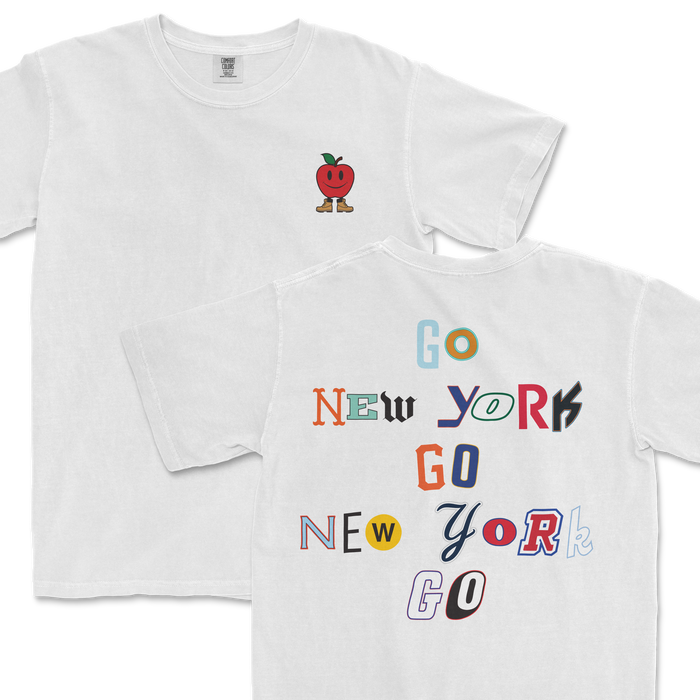 White t-shirt featuring a playful apple logo on the front and colorful "Go New York Go" text design on the back.
