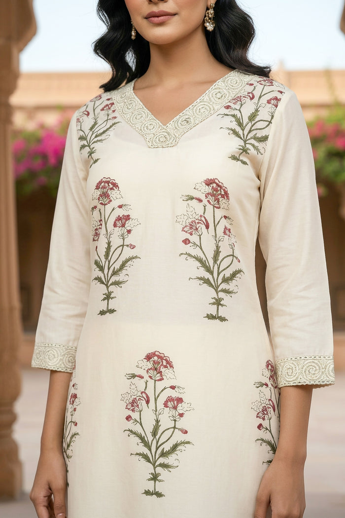 Graceful Ivory Floral Printed Kurta Set with Lace Border Detailing