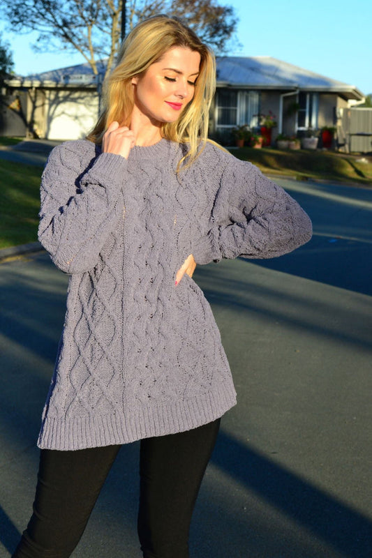 Grape chain stitch knit tunic jumper by Cafe Latte featuring a cozy, stylish design with textured knit pattern and long sleeves.