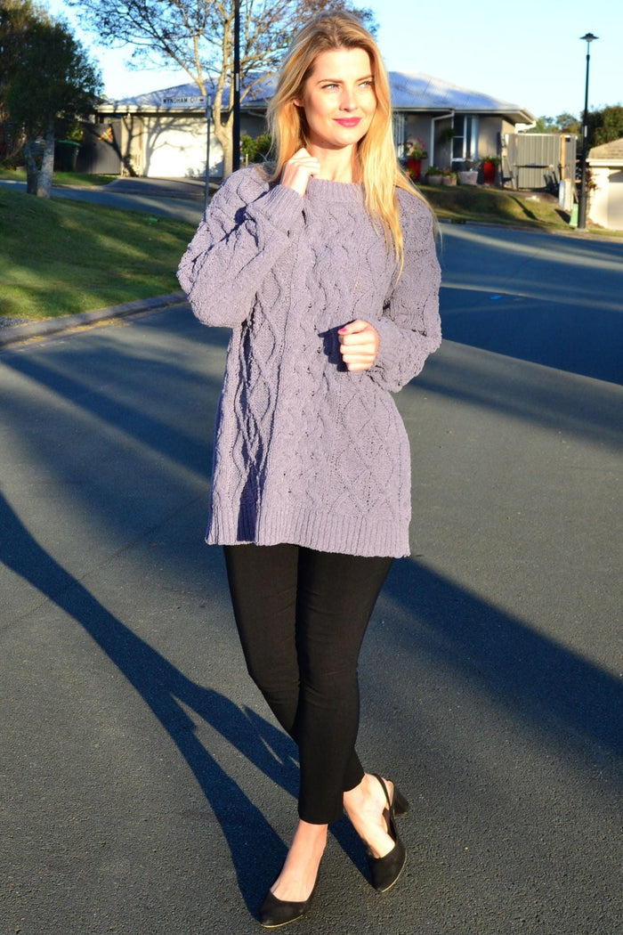 Grape chain stitch knit tunic jumper by Cafe Latte, featuring a cozy textured design and relaxed fit, shown on a model.