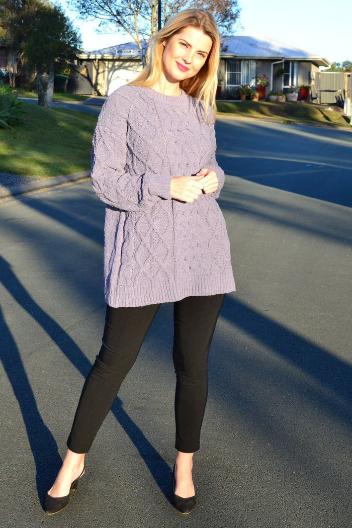 Cafe Latte grape chain stitch knit tunic jumper, featuring a textured pattern and long sleeves, displayed on a hanger.