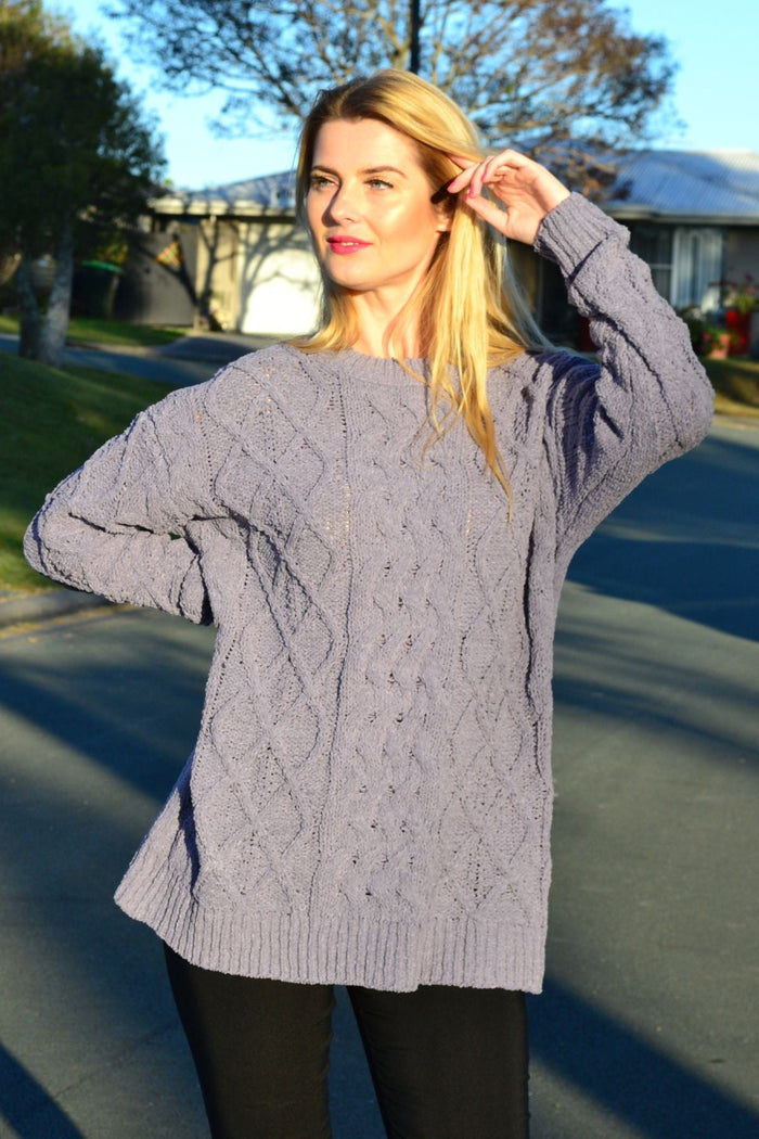 Grape chain stitch knit tunic jumper by Cafe Latte featuring a cozy, textured design and a relaxed fit, perfect for casual wear.