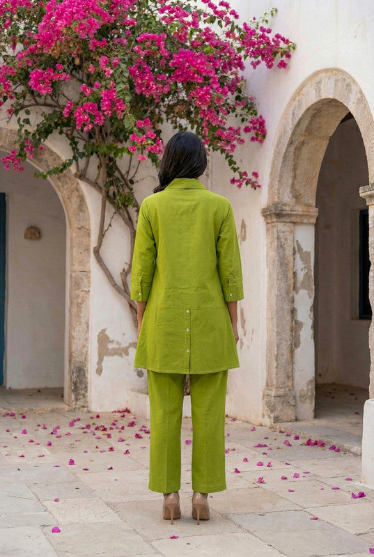 Green Botanical Embroidered Shirt Style Cotton Co-ord Set