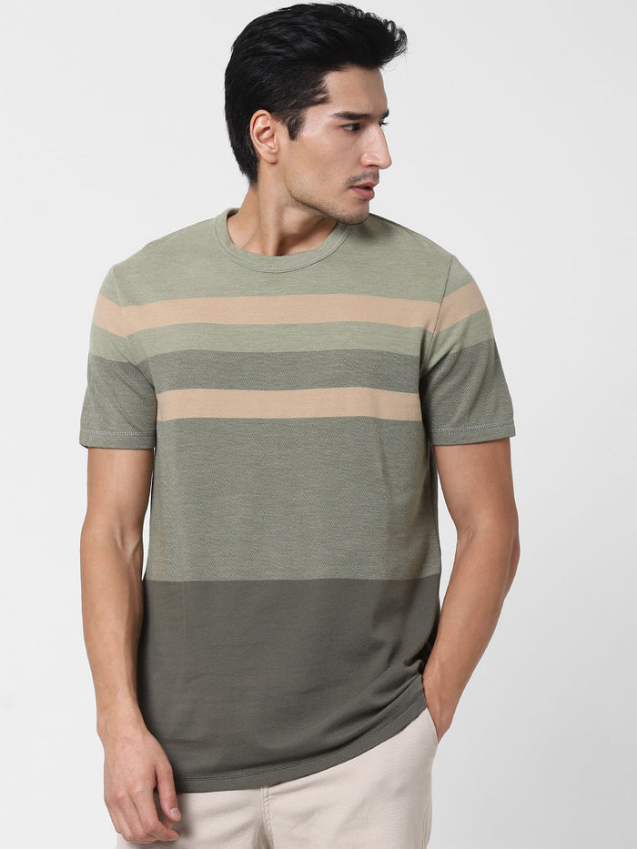 Green Colourblocked Crew Neck T-Shirt