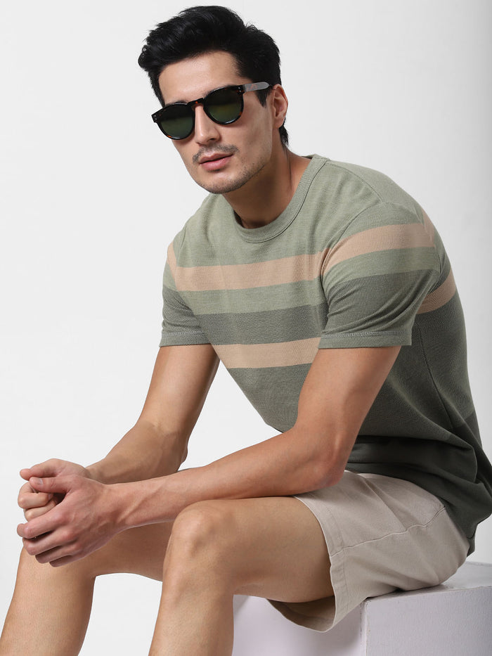 Green Colourblocked Crew Neck T-Shirt