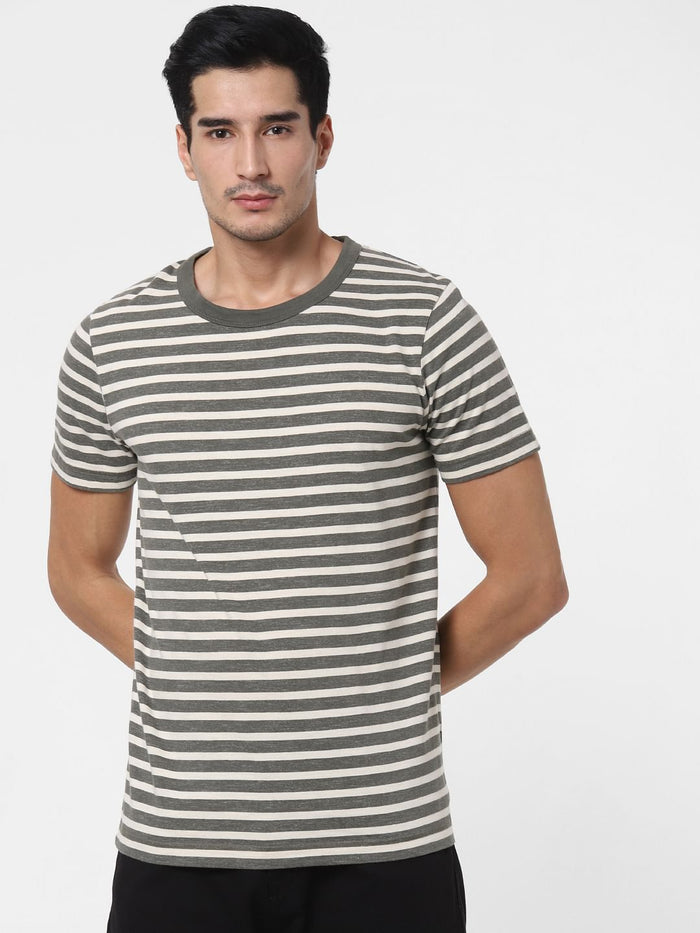 Grey Striped Crew Neck T-Shirt