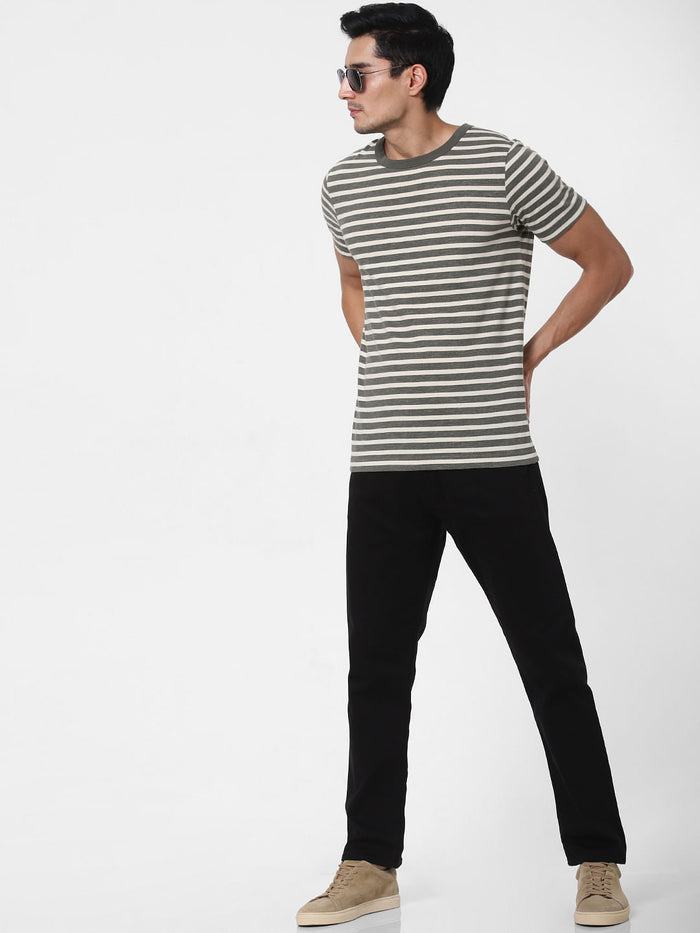 Grey Striped Crew Neck T-Shirt