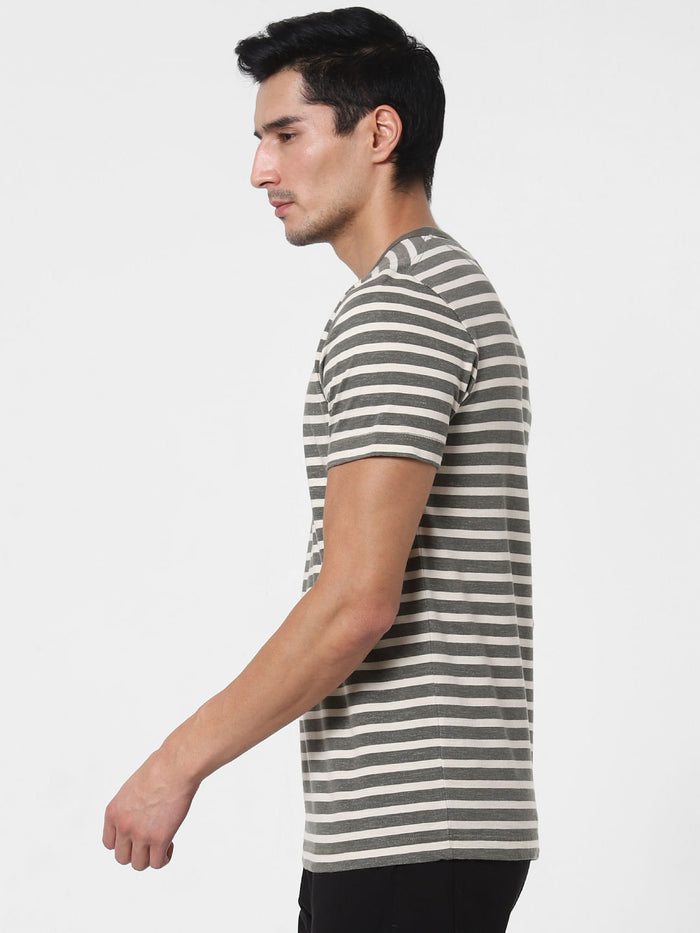 Grey Striped Crew Neck T-Shirt