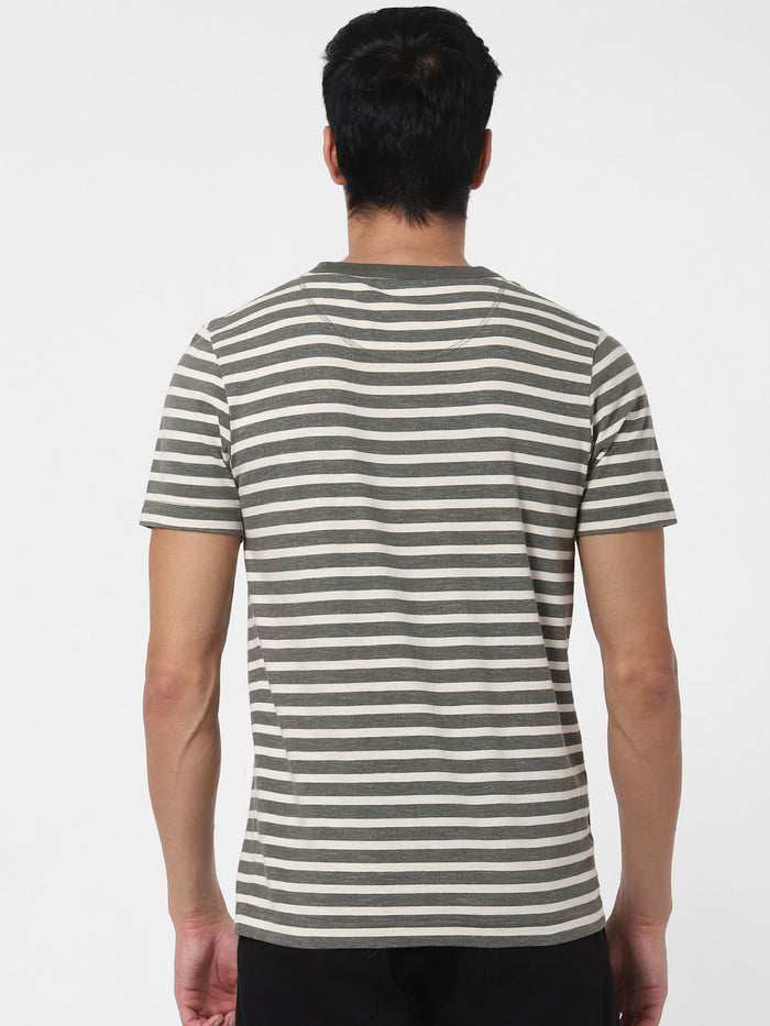 Grey Striped Crew Neck T-Shirt