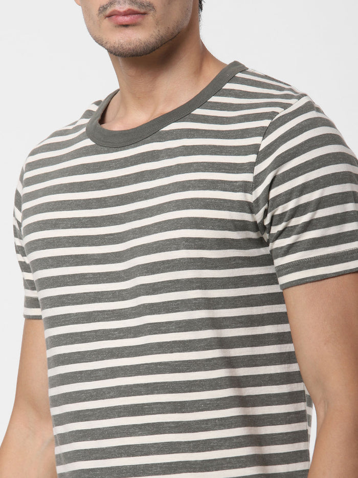 Grey Striped Crew Neck T-Shirt