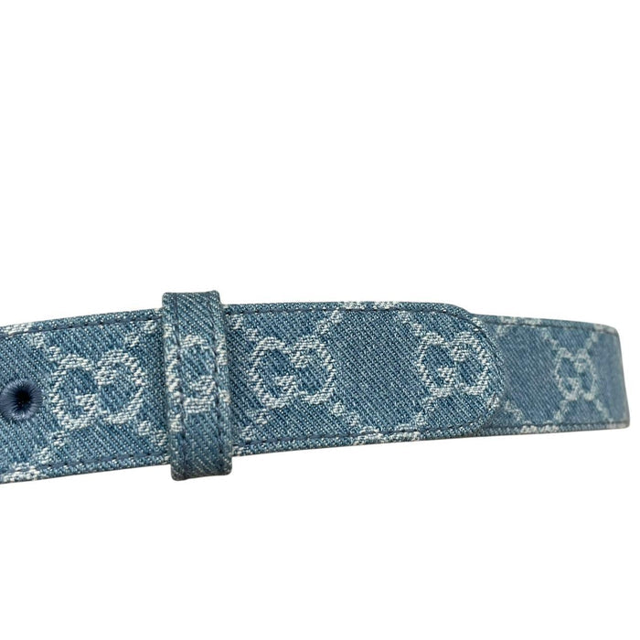 Gucci Light Blue Canvas Denim Monogram Marmont Belt with GG Buckle