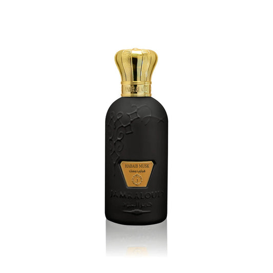 Jamr Al Oud Habaib Musk perfume bottle, matte black with gold crown cap and embossed logo