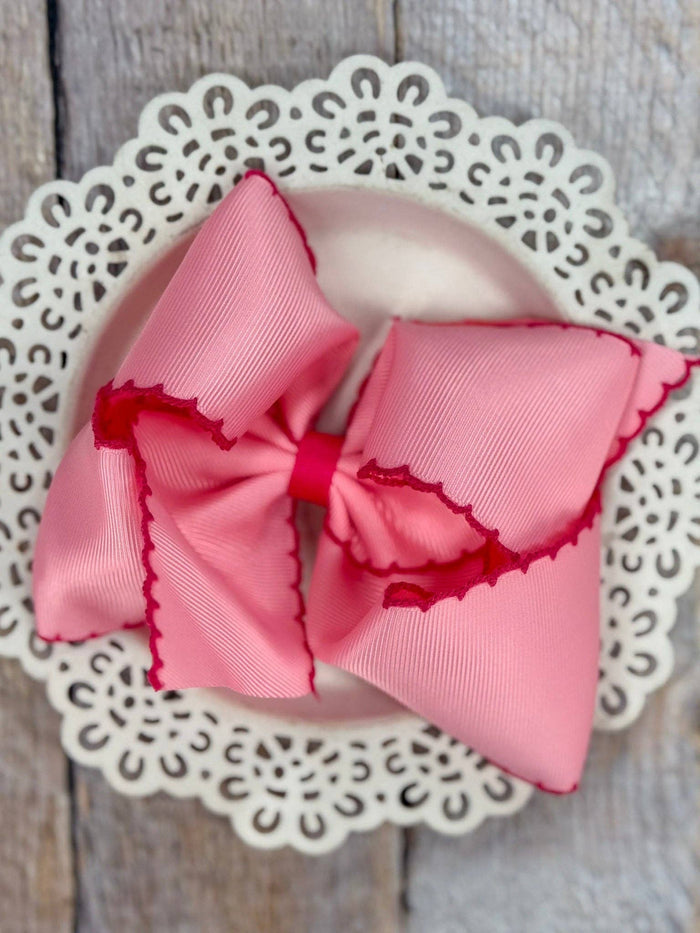 Hair Bow Clip Pink Grosgrain with Hot Pink Moonstitch