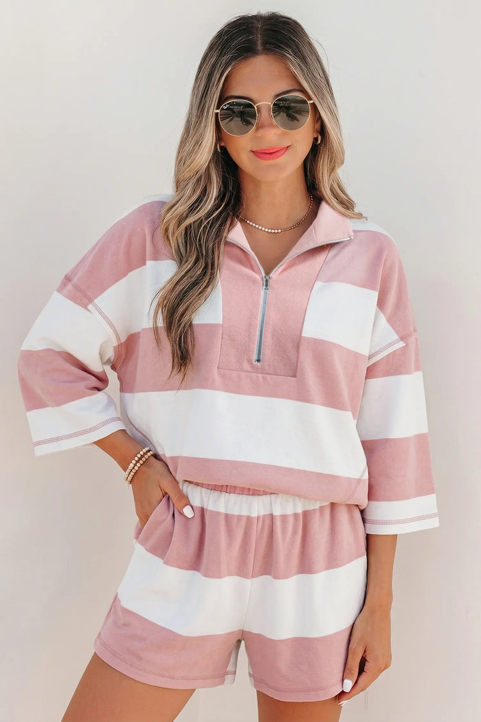 Half Zip Bracelet Sleeve Top Casual Short Set – Pink Stripe