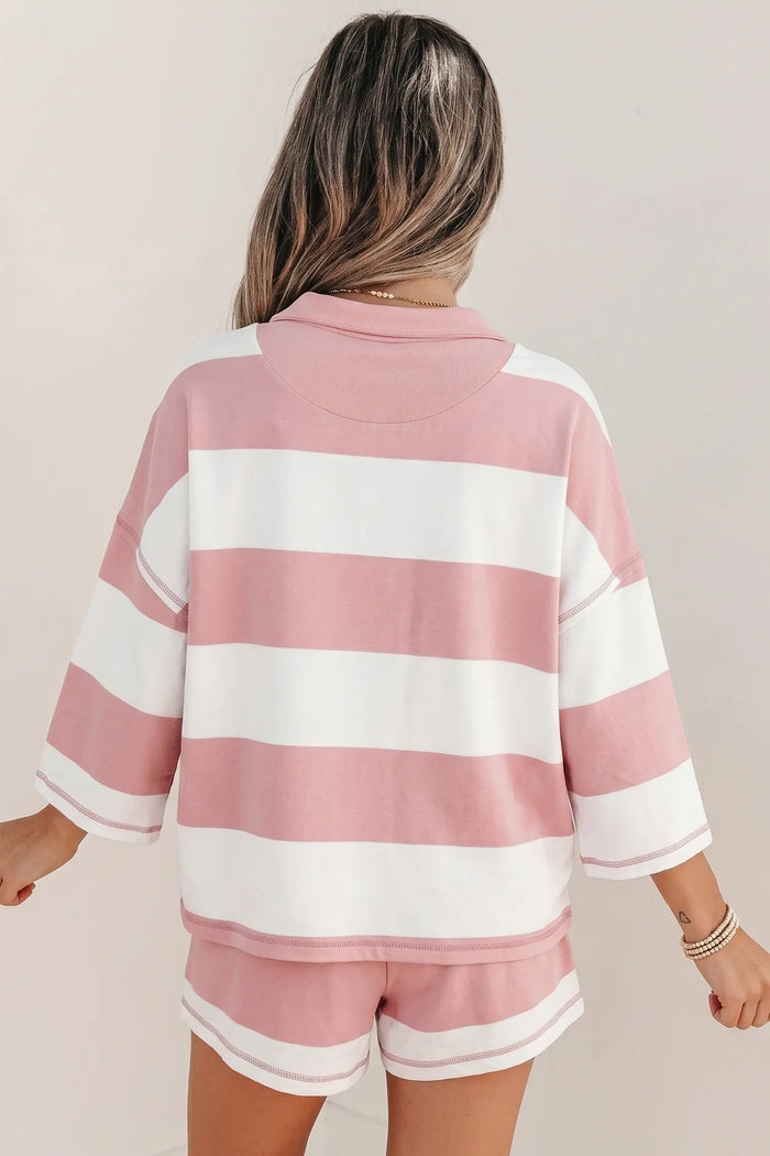 Half Zip Bracelet Sleeve Top Casual Short Set – Pink Stripe