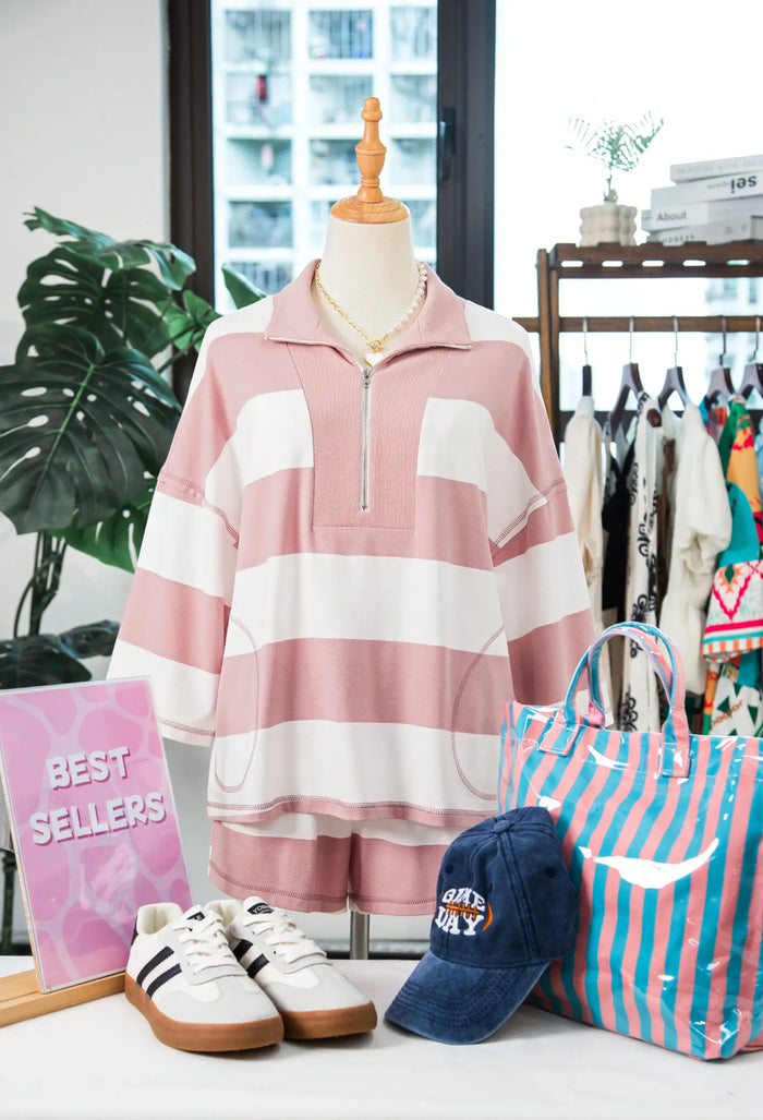Half Zip Bracelet Sleeve Top Casual Short Set – Pink Stripe