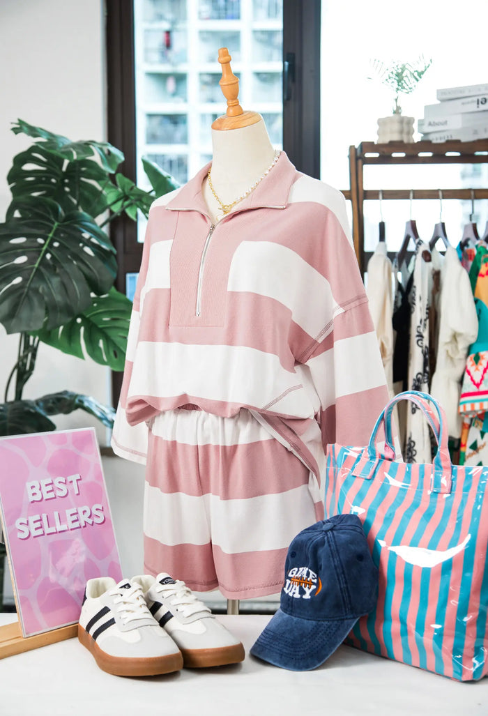 Half Zip Bracelet Sleeve Top Casual Short Set – Pink Stripe