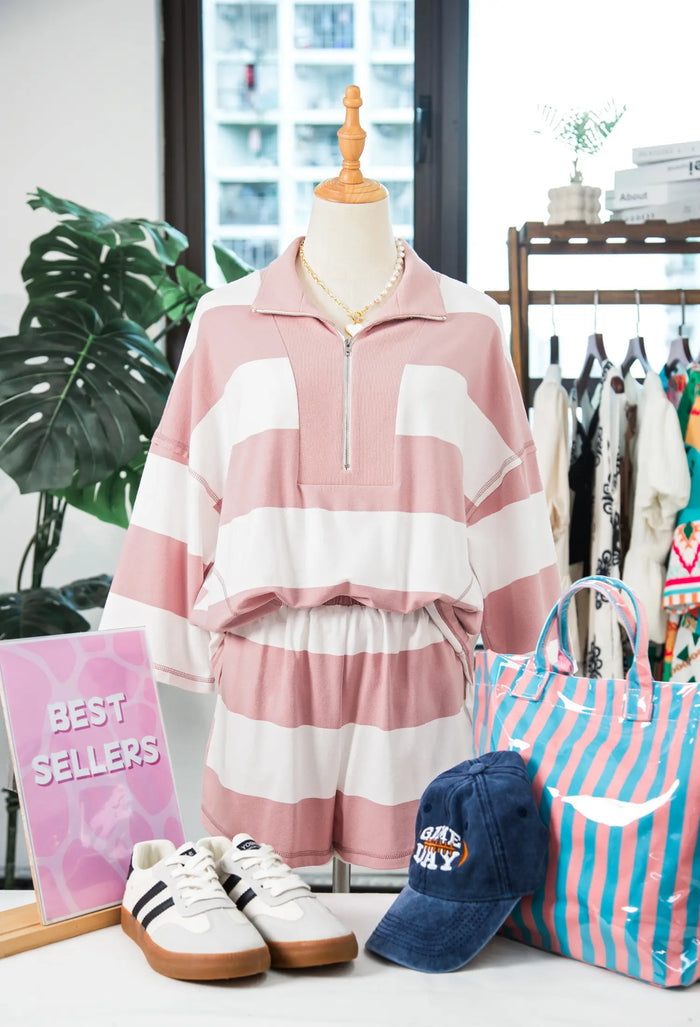 Half Zip Bracelet Sleeve Top Casual Short Set – Pink Stripe