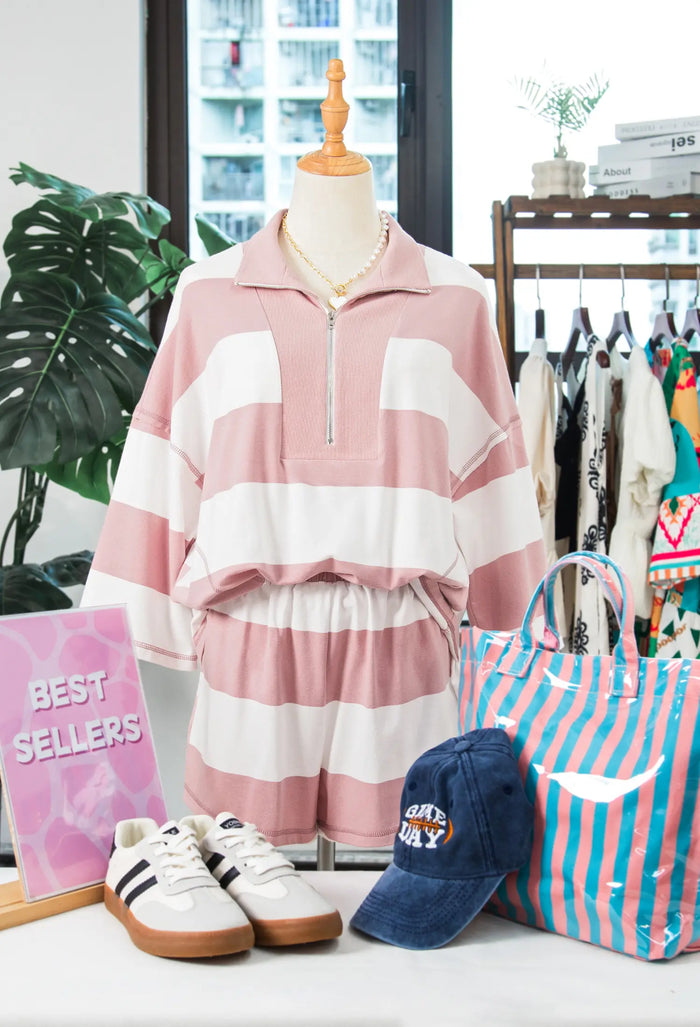 Half Zip Bracelet Sleeve Top Casual Short Set – Pink Stripe