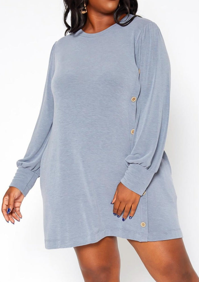 Hi Curvy Plus Size Button Hem Flare Mini Dress with Pockets