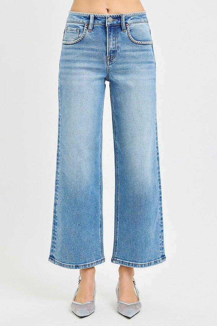 High Rise Crop Wide Jeans with Embroidered Details