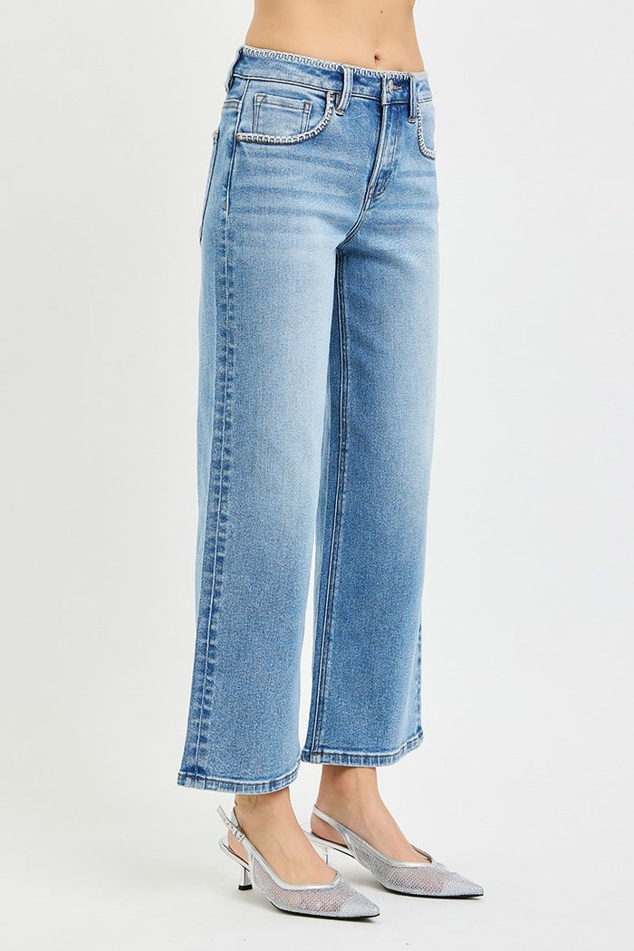 High Rise Crop Wide Jeans with Embroidered Details