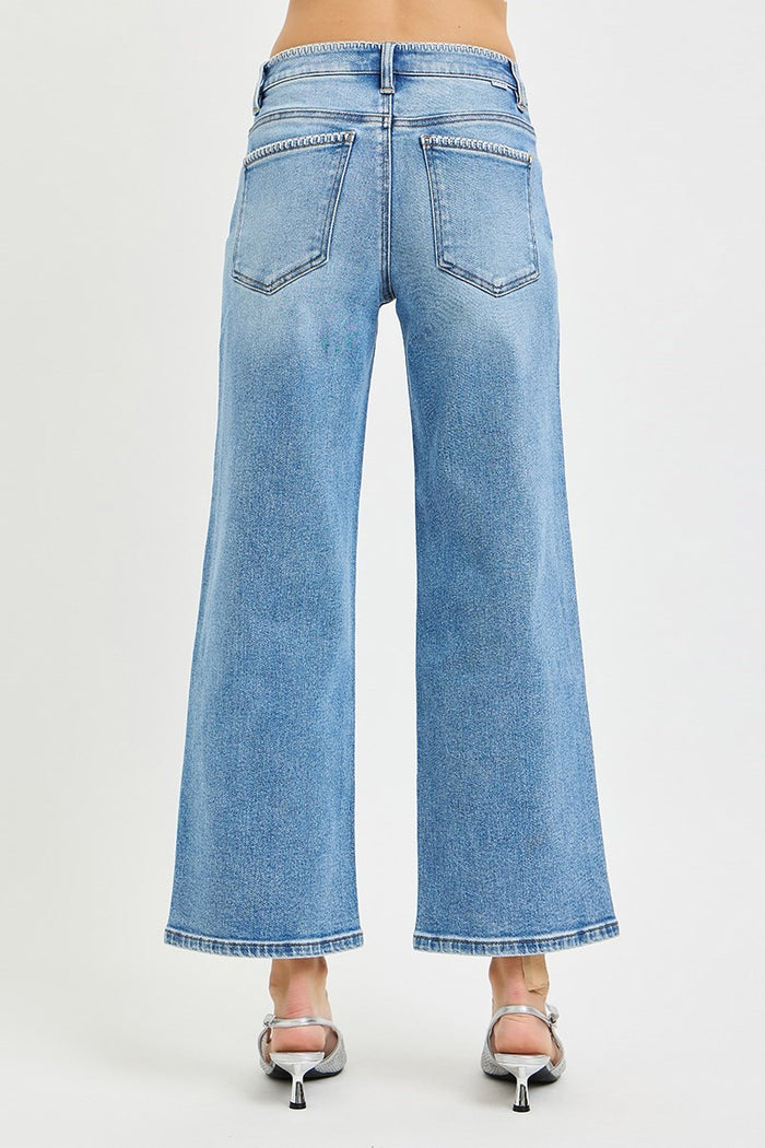 High Rise Crop Wide Jeans with Embroidered Details