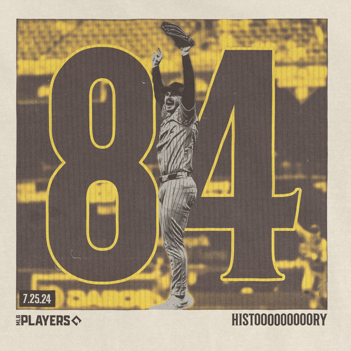 Comfort Colors T-shirt featuring a vintage baseball player graphic with bold "84" and "HISTOOOOOOORY" text, in black, white, and yellow tones.