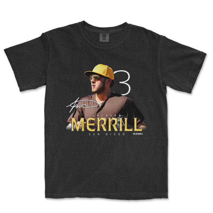 Jackson Merrill Breakout Series t-shirt featuring a graphic of Merrill in a San Diego uniform with his signature.