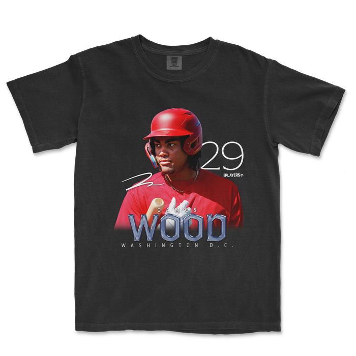 Black t-shirt featuring a graphic of James Wood in a red baseball uniform, showcasing his name and number 29.