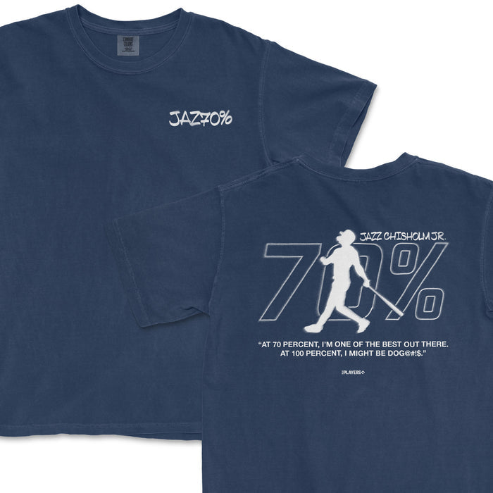 Navy blue t-shirt featuring Jazz Chisholm Jr. graphic with "70%" on the back and a motivational quote.