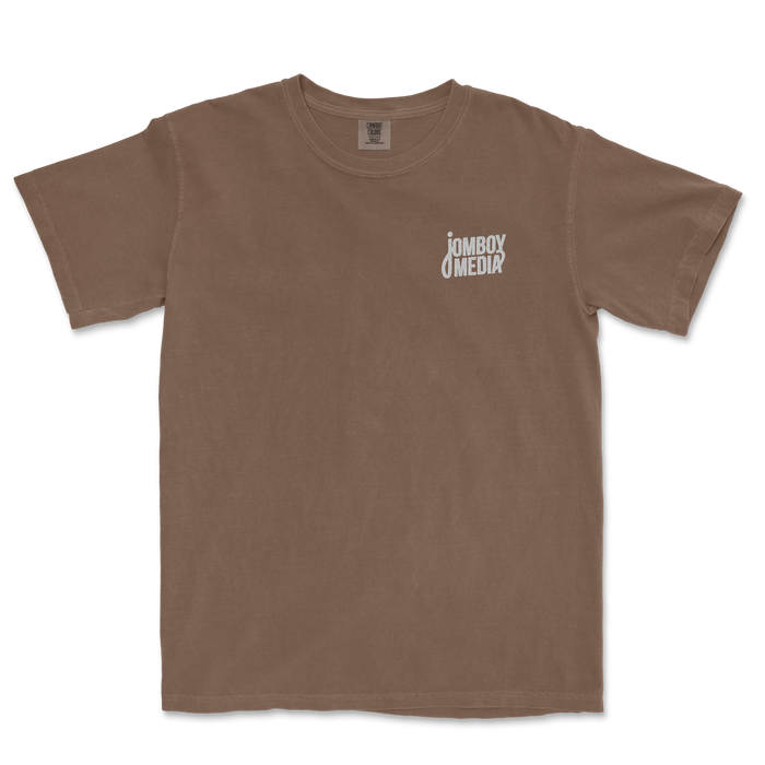 Brown JM Essentials '25 Embroidered Tee featuring Jomboy Media logo on the front, perfect for sports fans.