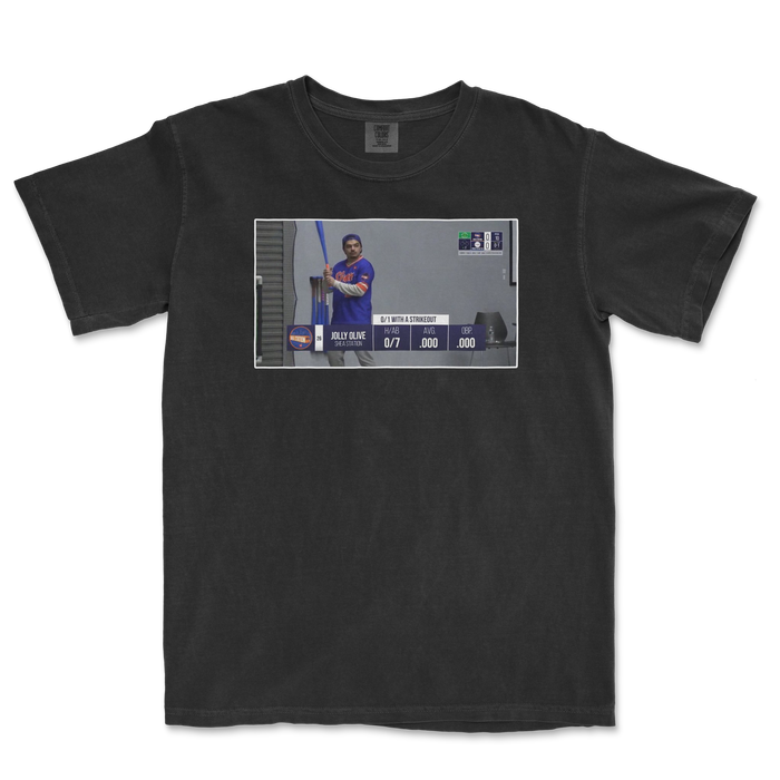 Black t-shirt featuring a graphic of Jolly Olive with a scoreboard displaying 0-7 and batting stats. Perfect for sports fans.