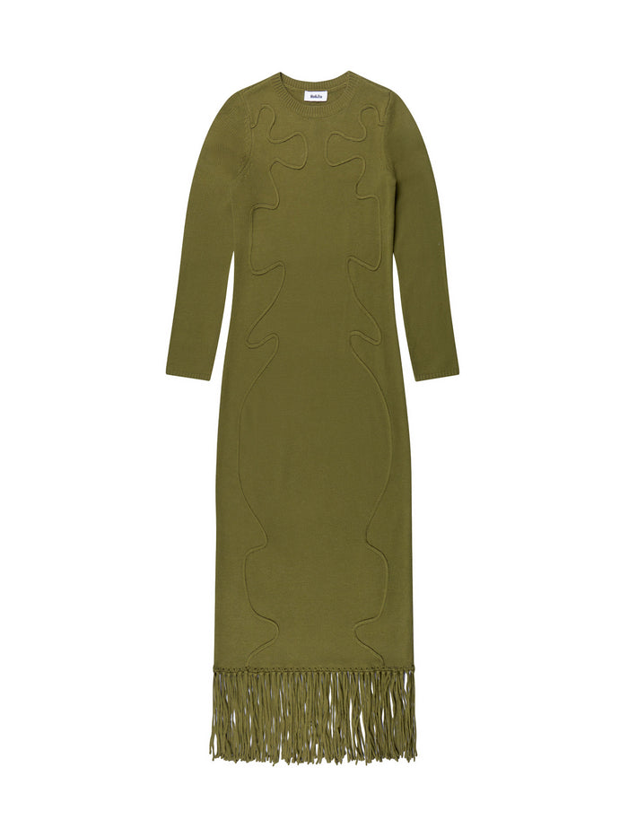 Khaki-Green Appliqued Knit Midi Dress with Wool