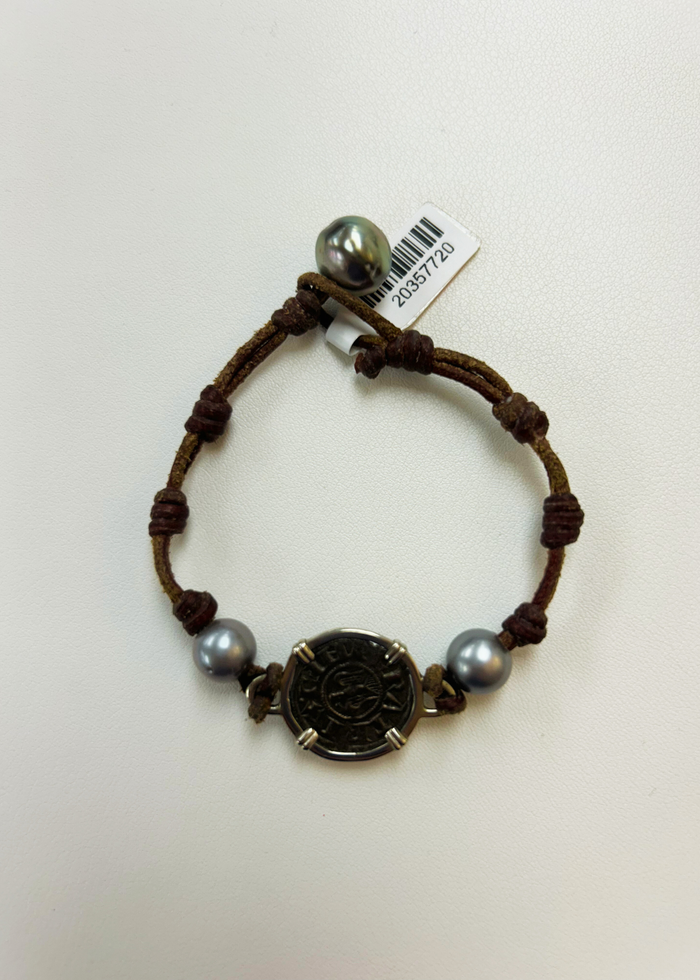 Brown leather, coin, and pearl bracelet