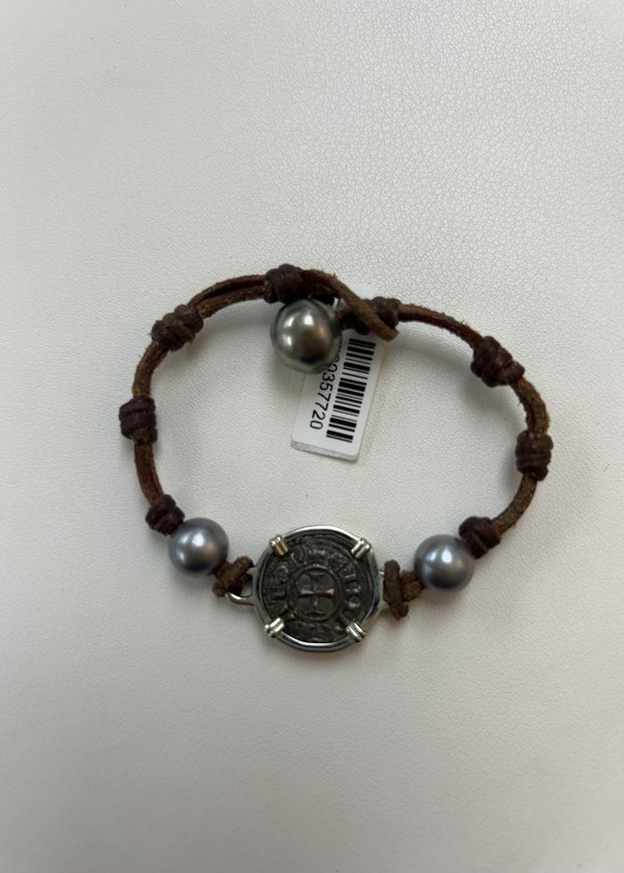 Brown leather, coin, and pearl bracelet