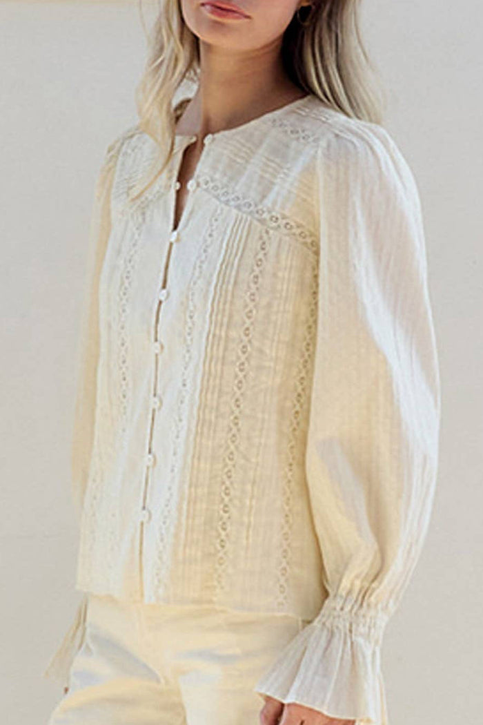 Lace Pintuck Detail Button Blouse