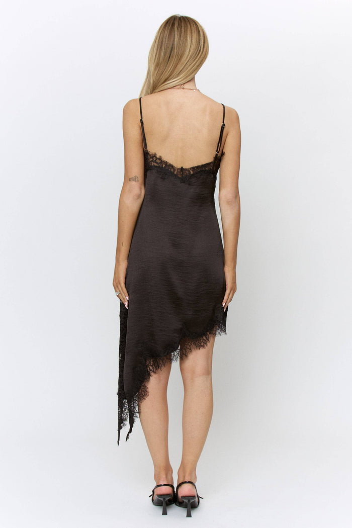 Lace Trim Asymmetrical Hem Satin Midi Dress in Black