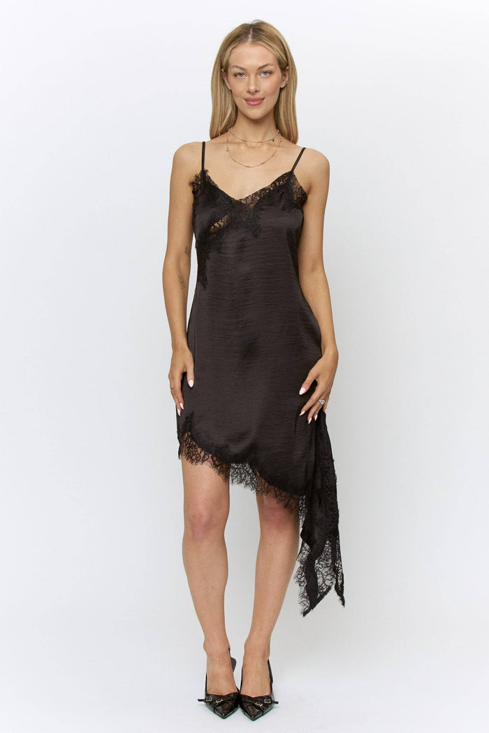 Lace Trim Asymmetrical Hem Satin Midi Dress in Black