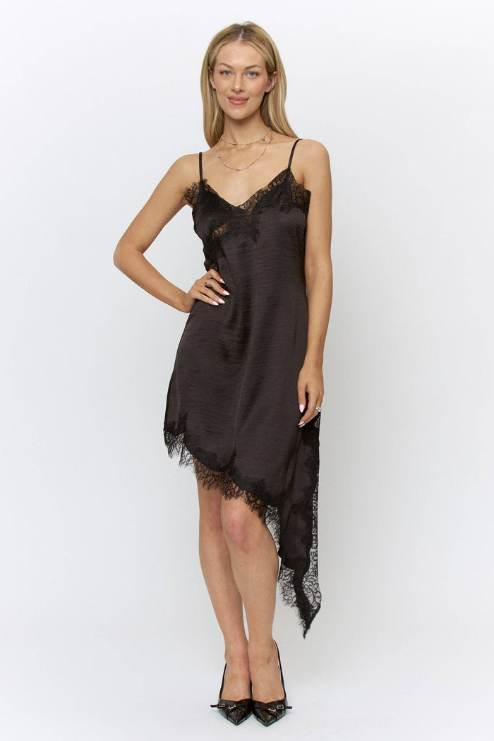 Lace Trim Asymmetrical Hem Satin Midi Dress in Black