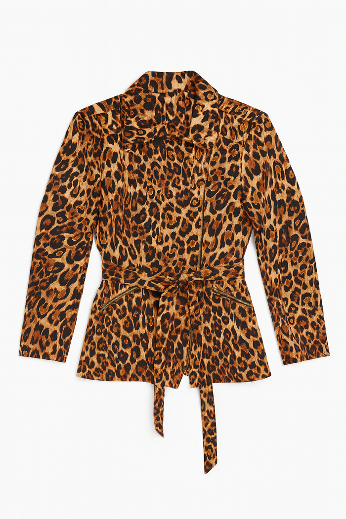 Leopard print belted jacket with a structured collar, long sleeves, and tie waist shown as a bold statement outerwear piece.