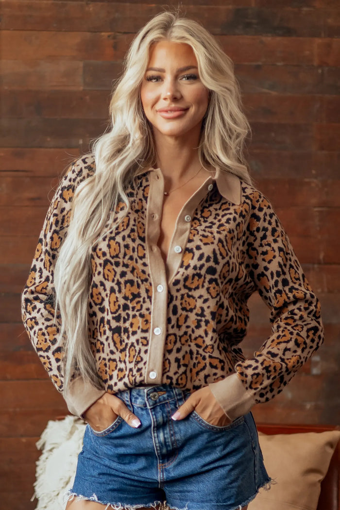Leopard Print Button-Up Cardigan Long Sleeve Cardigans – Brown
