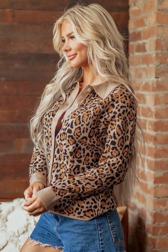 Leopard Print Button-Up Cardigan Long Sleeve Cardigans – Brown